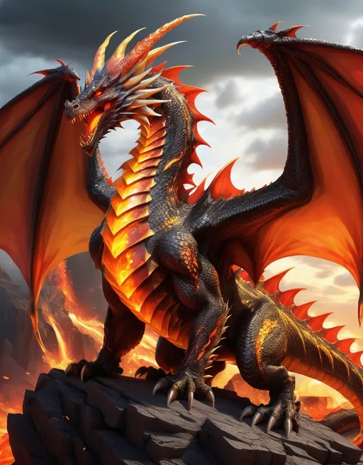 Prompt: Emberlon is an ancient, colossal dragon with scales that shimmer like molten gold in the sunlight, fading to a deep , fiery red near his wings, His eyes are pools of swirling lava, his hors are twisted and jagged like the peaks of volcanoes. He has a muscular build, with with wings that span the length of a small village and a tail that leaves a trail of embers in his wake. Despite his fearsome looks, his movements are surprisingly graceful, like liquid gold flowing across the sky. 