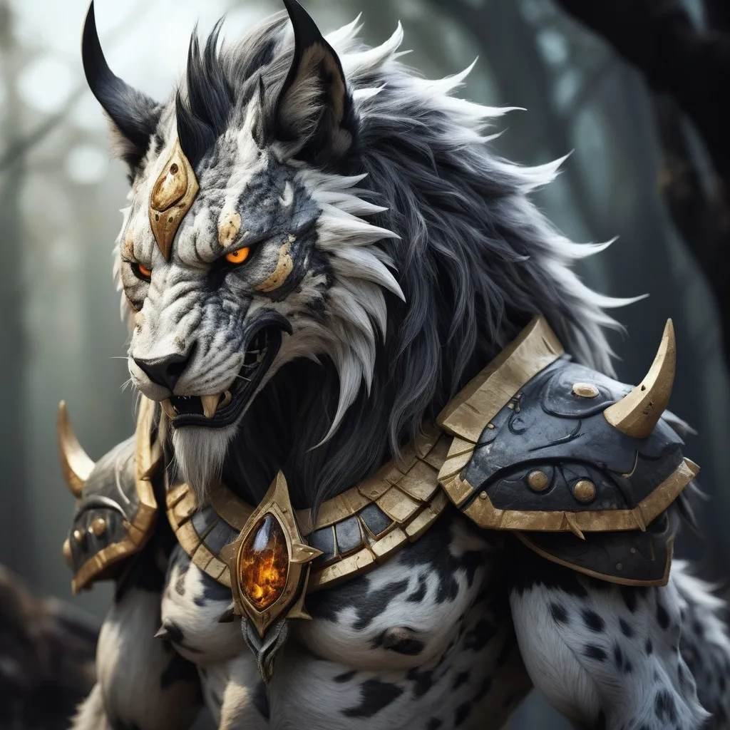 Prompt: Rokka Stormsnarl stands tall among her kin, her fur a mottled blend of charcoal and ash. Her piercing amber eyes, framed by a jagged mane of fur, gleam with a fierce intelligence. Her muzzle, adorned with the scars of past battles, curves into a snarl that speaks of both challenge and wisdom. Her powerful frame is lean, built for both speed and endurance, with muscles rippling beneath her tattered leather armor. She wields a pair of ancient, twin-bladed battle axes that seem almost an extension of her arms.