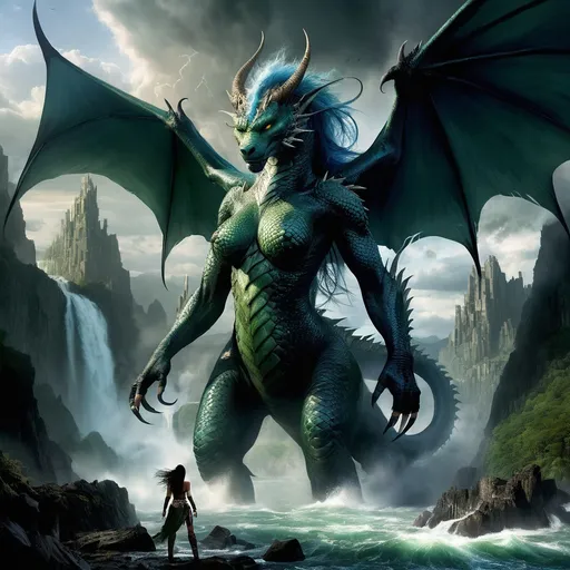 Prompt: Tiamat Stormrise towers over most, a majestic blend of her giant and human heritages. Standing at an impressive eight and a half feet tall, she is a formidable presence, with skin the color of a storm-swept mountain and hair that cascades like a waterfall of obsidian. Her eyes, a piercing blue-green, reflect the tumultuous skies of her mother's homelands. Her physique is powerful yet graceful, a testament to her human father's agility and her giant mother's strength. Her features are a harmonious fusion of sharp giant lines and softer human contours, resulting in a face that is both fierce and alluring. Her body is adorned with intricate tattoos, each one telling a story of her ancestry and personal triumphs, the ink a stark contrast against her dark skin. She moves with a poise that belies her size, each step a silent promise of the tempest that dwells within her.