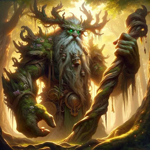 Prompt: The Elder Grove Sentinel
"A towering male treant, his bark-like skin ancient and weathered, stands vigil in a sacred grove illuminated by soft, golden sunlight filtering through the dense canopy above. His massive limbs are adorned with moss, vines, and blooming flowers, and his glowing emerald eyes radiate wisdom and an unyielding determination to protect the forest. His gnarled hands clutch a colossal wooden staff, intricately carved with runes of natural magic and adorned with dangling crystals that hum with life energy. Around him, the forest seems to respond to his presence—roots writhe protectively, trees sway as if alive, and glowing spores drift like tiny lanterns through the air. The whispers of ancient spirits echo softly as he prepares to defend his domain against encroaching threats."