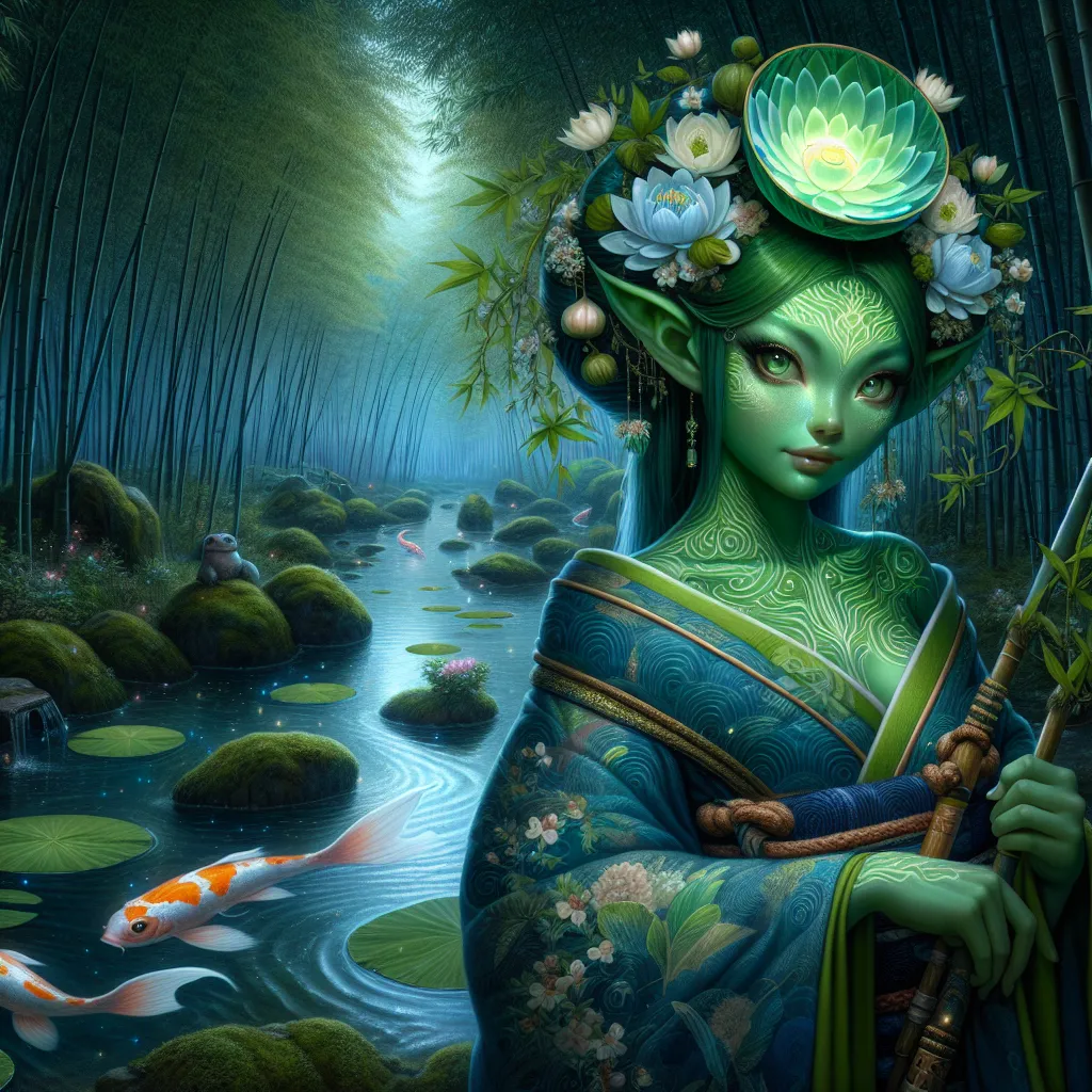 Prompt: Mystical Female Kappa Guardian
"A captivating female Kappa stands at the edge of a tranquil river surrounded by dense bamboo groves, her presence blending grace and the mystique of ancient folklore. Her green, scaled skin glistens in the soft light, with faint patterns of lotus flowers etched into her limbs. A shallow, water-filled bowl rests atop her head, glowing faintly with mystical energy, surrounded by a crown of moss and small, blooming water lilies. Her almond-shaped eyes shimmer with wisdom and a touch of mischief, while her beak-like mouth curls into a subtle, knowing smile.

She is clad in a flowing kimono of deep blue and emerald green, patterned with koi fish and swirling waves, tied with a sash of golden reeds. Her hands hold an elegant naginata, its blade etched with ancient symbols and its shaft adorned with trailing ribbons that mimic the flow of water.

Around her, the river sparkles with a magical glow, koi fish swimming in swirling patterns beneath the surface, while glowing lotus blossoms drift lazily on the water. The bamboo grove whispers in the breeze, and the distant croak of frogs and chirping crickets creates a serene, timeless atmosphere. The scene captures her dual nature as a protector of the waters and a mystical being of the wild."