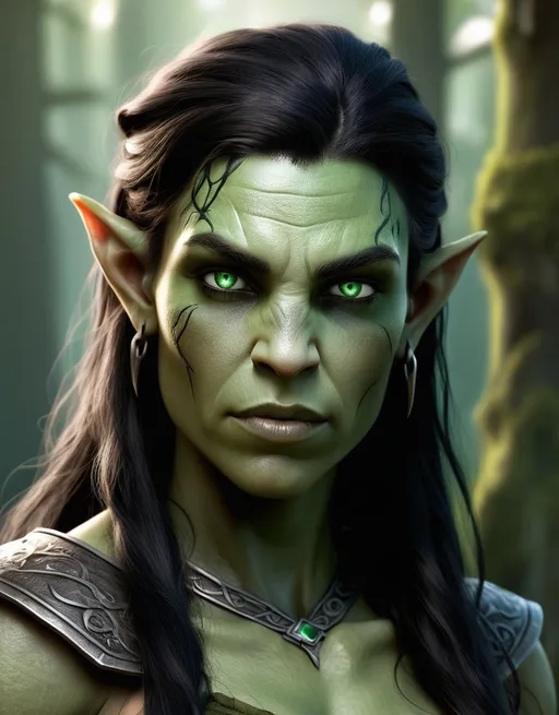 Prompt: Kara Stonefist a Half-Orc, 32 yrs old, stands tall with the robust frame of her Orc lineage, yet her elven heritage lends her an unexpected grace. Her emerald eyes sparkle with mischief, contrasting sharply with her deep green skin. Her unruly hair, a blend of orcish coarseness and elven sheen, falls in wild, fiery red waves to her shoulders. Her teeth are slightly pointed, hinting at her orcish side, but her smile is surprisingly warm. She adorns herself with intricate tattoos that weave in and out of her muscular contours, each line telling a story of her adventures. Her attire is a mix of practical leather armor and flowing cloth that allows for ease of movement in combat and stealth. Her most notable feature is her massive stone-like right hand, a reminder of a pact made with a powerful earth elemental.