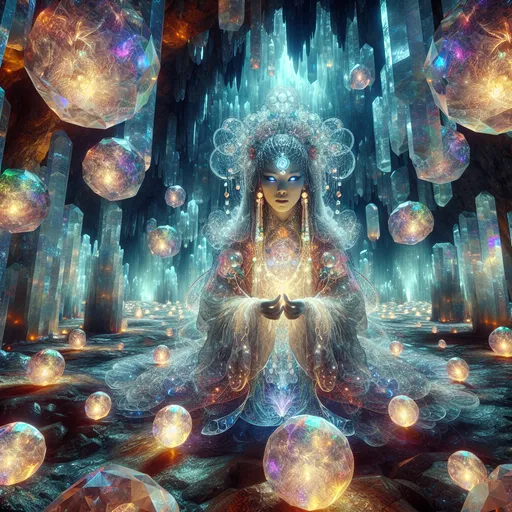 Prompt: "A mystical figure floats within a cavern of massive, glowing quartz crystals that refract rainbow light across the chamber. Her translucent robes shimmer as if woven from light itself, and her eyes glow with the knowledge of countless futures. Floating around her are glowing spheres of energy, each depicting fragments of potential realities."