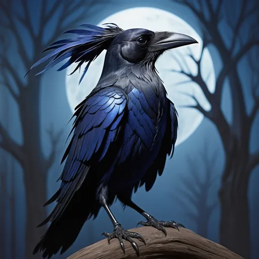 Prompt: Whisperwind Meridian is a Kenku, a creature with the body of a lithe human and the head of a raven, exuding an air of both grace and mystery. His feathers are a rich tapestry of midnight blues, shimmering in the moonlight and deepening to near black in the shadows. The stark contrast of his feathers with the rest of his form, which is covered in a fine, almost translucent layer of iridescent blue-green scales, gives him an ethereal quality. His eyes, a piercing shade of silver, seem to hold the secrets of the cosmos within their depths, hinting at a wisdom that transcends his physical form. The beak is sharp and hooked, a silent sentinel to his sharp wit and cunning mind. Standing at 6'2", he moves with the fluidity of a predator, each step calculated and precise. His hands are tipped with sharp, black talons, capable of both delicate artistry and merciless combat. His hair, a rare trait among his kind, is a wild tangle of silver-white feathers that frame his face, often obscuring one eye and adding to his enigmatic allure. The scales on his neck and shoulders form intricate patterns that seem to dance in the light, hinting at his lineage from a long-lost noble clan.