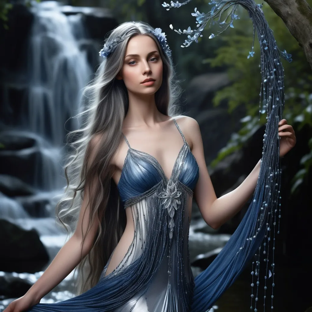 Prompt: Eliara Moonshadow stands tall and elegant, with the grace of a willow bending to a gentle breeze. Her skin, a soft shade of moonlit silver, shimmers as if kissed by stardust, reflecting the ethereal beauty of her kind. Her long, silky hair cascades down her back in a waterfall of deep, midnight blue, adorned with silver beads and small, glowing flowers that seem to be woven into the very fabric of her locks. Her eyes, the color of twilight, hold an ancient wisdom that pierces through the veil of ignorance, revealing the depth of her soul. Eliara's pointed ears, a proud emblem of her elfin lineage, are tipped with silver and adorned with intricate, sapphire-studded earrings that dangle just above her neck. She is slender, yet there is a subtle strength in her frame, a testament to the centuries of archery practice and dance that have honed her muscles. Her fingers are long and nimble, perfect for the art of healing and the delicate crafting of magical artifacts. Her garments are made of fine, shimmering materials that mimic the moon's glow, often enchanted with spells that make them appear as if they are floating on her body. The outfit is completed with a cloak of woven starlight that she dons when venturing out into the night.