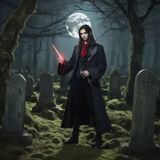 Prompt: Dhampir Duelist’s Moonlit Sanctuary
"Under the pale light of a full moon, a dhampir duelist stands in a secluded forest clearing surrounded by ancient, moss-covered gravestones. The dhampir is tall and elegant, with pale skin, piercing crimson eyes, and flowing dark hair. Clad in a finely tailored, gothic-inspired coat with silver accents, they hold a rapier glowing faintly with arcane energy. Around them, fireflies hover like tiny, ethereal lanterns, illuminating the mist that clings to the ground. In the background, a crumbling mausoleum looms, its iron gate twisted and rusted. The dhampir’s expression is calm yet intense, exuding both grace and menace. The atmosphere is mysterious and atmospheric, with hyper-detailed textures on the duelist's attire, the gravestones, and the haunting moonlit setting."