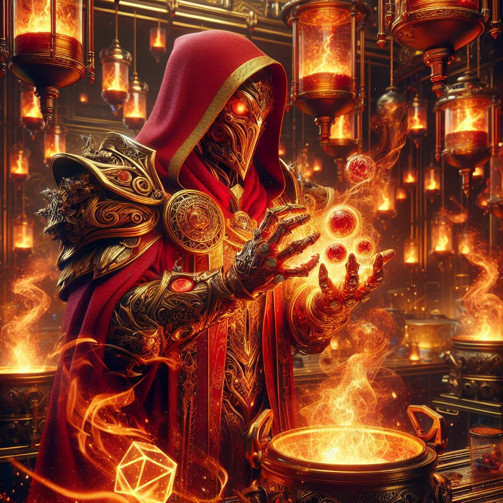 Prompt: "A fiery figure adorned in crimson and gold armor stands in a lab surrounded by bubbling cauldrons and glowing flasks. Their gauntlets, inscribed with ancient alchemical symbols, crackle with energy as they transmute molten lava into crystalline artifacts. Sparks of fire and smoke spiral around them, reflecting their volatile yet masterful craft."