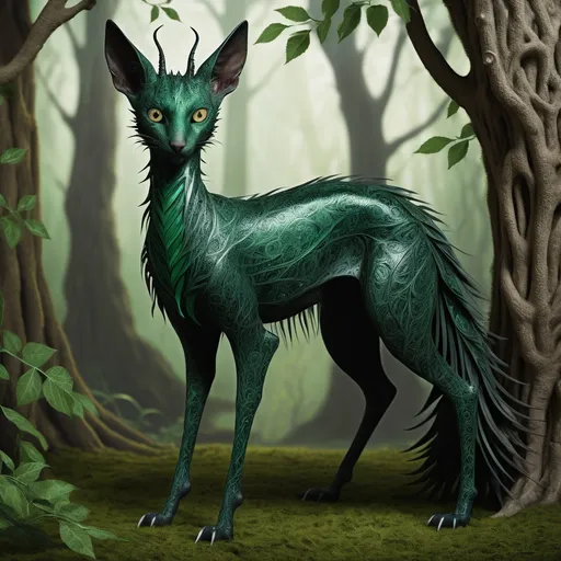 Prompt: Thistlewood Thornbrush stands at a peculiar height of three feet, with a stooped posture that makes him appear slightly shorter. His skin, a rich emerald green, is adorned with intricate patterns of darker, almost black, veins that pulse with the magic that runs through his body. His pointed ears, which extend to a fine tip, are fringed with a soft layer of fur that matches the deep brown of his eyes. His nose, a bit too long and sharp for most gremlins, is always sniffing the air, detecting the faintest whispers of enchantment and the lingering scents of his past escapades. His eyes, though small, are incredibly bright and expressive, often gleaming with mischief or curiosity. His hands are covered in thick, knobby calluses from years of tinkering with gears and machinery, and his claw-like fingers are stained with the residue of countless potions and oils. His clothing, a mismatched ensemble of leather and cloth, is patched together with bits of metal and gears, reflecting his ingenious nature and love for inventions. The most notable feature, however, is his wild hair, a tangled mess of vines and thorns that sprout from his head, seemingly alive and twisting in response to his moods.