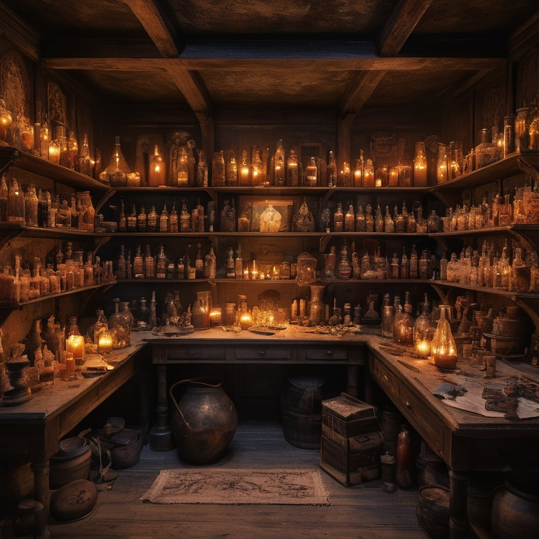 Prompt: A Sorcerer's laboratory filled with bubbling potions and magical ingredients