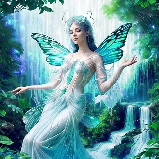 Prompt: ethereal butterfly-inspired prophet floating among a mystical waterfall, character portrait