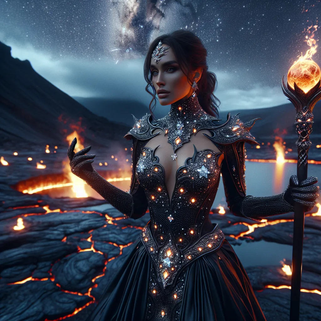 Prompt: " A beautiful yet deadly female Fire Genasi, wearing obsidian armor encrusted with diamonds glowing with the heat of her body. holding a fiery staff made of platinum topped with a jasper orb. The Fire Genasi stands near an open pool of lava, serene and calm with pockets of smoke bubbling from within. The sky is late evening and there is many constellations, galaxies and stars above."