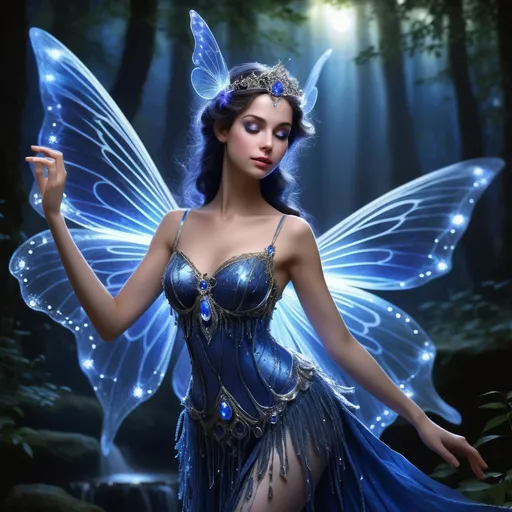 Prompt: Luminara Vellanos, a timeless beauty of the fairy realm, radiates an ageless grace that belies the millennia she has danced through. Her skin is as luminous as moonlit dew, casting a soft glow that illuminates the shadows around her. Her eyes are vast pools of starlit sapphire, ever-changing with the swirl of cosmic events, and fringed with lashes so fine they could have been spun from the silk of a spider's web. Her hair, a cascade of silver-gold, flows like liquid moonlight, often adorned with delicate flowers that seem to bloom anew with every twirl she takes. Standing at a height that whispers of elegance rather than dominance, she moves with a fluidity that suggests a dance with the very air itself. Her lithe frame is sheathed in diaphanous robes of shimmering iridescence, which whisper and flutter as she glides through the enchanted lands she calls home. Her wings, a mesmerizing tapestry of opal and moonstone, stretch wide and powerful, yet fold with the delicacy of a butterfly's. Each step she takes upon the earth leaves behind a trail of phantom lights, as if she is woven from stardust and moonbeams.