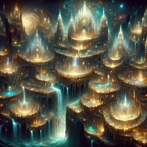 Prompt: "A towering city built on cascading terraces carved into a colossal canyon, illuminated by rivers of liquid light that flow like molten gold through its streets. The architecture blends gothic spires, domed temples, and glowing crystalline towers that pulse with arcane energy. Above, a night sky filled with swirling constellations and flying airships powered by magical runestones. Ethereal figures walk alongside robed wizards and armored knights, all casting long, dynamic shadows from glowing blue lanterns. A radiant and highly detailed fantasy world bursting with vibrant, surreal elements."

