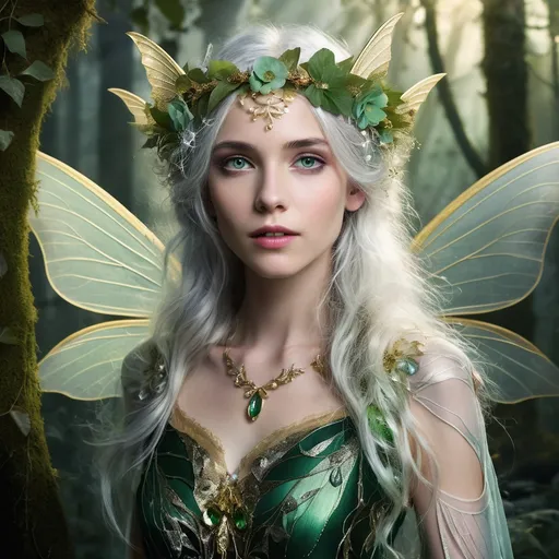 Prompt: Female, fairy, early 20s appearance, moonlit-petal-pale skin, emerald eyes, silver hair with gold-veined dawn wings, vine-and-flower crown, gossamer moonlit garb, seasonally-changing patterns, slender, ageless, ethereal beauty, forest guardian, ancient knowledge, mystical sanctuary, Enchanted Glade dweller, wise one apprentice, pure magic quester, empathetic communicator, gentle yet fierce protector, childlike wonder, radiant smile, graceful, powerful mage, nature's ally, ancient oak perched, aura of serenity and power.