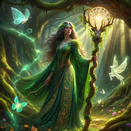 Prompt: The High Elf Druid of the Eternal Grove
"A majestic high elf druid standing in the heart of an ancient, glowing grove. Her flowing emerald robes are adorned with shimmering golden runes and living ivy that seems to move with a life of its own. She holds a gnarled wooden staff topped with a radiant crystal, from which beams of sunlight break through the forest canopy. Surrounding her are ethereal woodland spirits—floating orbs of light, a glowing stag, and butterflies with luminous wings. The ground beneath her feet blooms with vibrant flowers, and the air sparkles with magical particles, creating an aura of divine harmony."