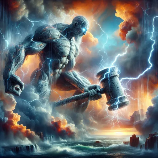 Prompt: The Stormborn Titan
"A towering figure forged from storm clouds and lightning, with veins crackling with electric energy. The titan stands amidst a raging tempest, holding a massive hammer that channels the power of thunder. The background is a dramatic scene of dark clouds, pouring rain, and flashes of lightning illuminating a stormy ocean."