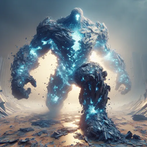 Prompt: "A massive humanoid figure made of floating, fragmented rock and glowing blue energy strides across a desolate, crumbling world. Each piece of its body is surrounded by a faint, glowing aura, and cracks in its form reveal a radiant core of immense power. As it moves, the ground quakes, and reality itself seems to warp in its presence."