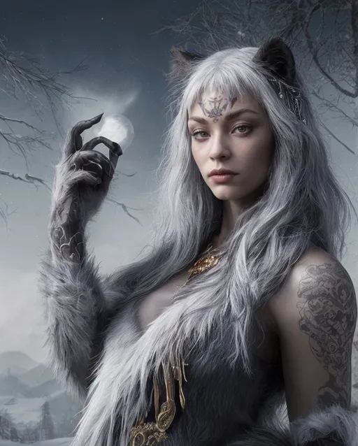 Prompt: Dire Beast, panther-like form, midnight blue fur, moonlit silver fur, gold eyes, willow tree grace, strong jawline, high cheekbones, regal, pointed ears, long dark hair, velvety blue skin, silver tattoos, constellation patterns, human-like, elegant, fierce, ancient, shapeshifter, secretive clan, Whispering Woods, Luna's Refuge, renowned painter, sculptor, diplomatic, protective, empathetic, gentle demeanor, predator's heart, solitude-lover, full moon communicator, ancestral strength, magical artistry.