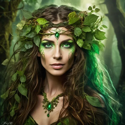 Prompt: Lilaera Stormsong, a majestic Dryad, stands tall at the heart of her ancient forest, her emerald eyes gleaming with the wisdom of centuries. Her hair is a cascade of living vines, interwoven with a tapestry of leaves in a myriad of shades from the palest spring green to the fieriest autumnal hues, fluttering with each soft breeze that whispers through the canopy. Her skin, a warm earthy brown, is adorned with intricate tattoos of leaves and floral patterns, which seem to pulse with life, mirroring the heartbeat of the forest itself. Her graceful limbs are those of a tree, yet they move with the fluidity of a dancer's. Her fingers and toes elongate into delicate branches, allowing her to weave through the woods with an ethereal grace that defies the very nature of her arboreal form. Her clothing is the very essence of the forest—leaves, moss, and flowers entwine around her body, forming garments that shift and change with the seasons, always in harmony with the natural world she protects.