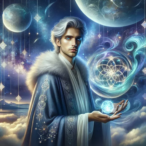 Prompt: "Create a mesmerizing fantasy masterpiece featuring a Kalashtar, standing at the nexus of the material and dream realms. The Kalashtar exudes an aura of tranquility and power, their luminous eyes glowing with an ethereal light, reflecting the wisdom of their bonded spirit. Their silver hair flows as if caught in an unseen breeze, shimmering against a backdrop of a twilight-lit dreamscape.

The Kalashtar’s attire combines ceremonial elegance with practical functionality. Flowing robes of deep blue and silver, embroidered with patterns resembling constellations, intertwine with armor-like accents that seem forged from pure moonlight. Their hands are outstretched, one channeling a swirling vortex of dream essence, vibrant with hues of teal and gold, while the other wields an ornate staff crowned with a glowing crystal orb.

Behind them, the dream realm unfolds—a surreal landscape of floating islands connected by bridges of starlight. Enormous, translucent beings resembling celestial whales glide through the air, their forms pulsating with soft, radiant light. In the sky above, two moons shine side by side, casting overlapping beams of light that create a kaleidoscopic effect on the clouds.

At the Kalashtar’s feet, the boundary between the material and dream realms blurs. Fragments of their surroundings—wildflowers, moss-covered stones, and drifting mist—merge seamlessly with shimmering illusions of dream constructs. Shadows of abstract forms move in the periphery, their vague shapes hinting at unseen dream entities, while golden motes of light dance around the Kalashtar, embodying the harmonious connection between the two realms.

The composition is imbued with colors of twilight—soft purples, blues, and golds—contrasted with the radiant whites and silvers of the Kalashtar's figure. The piece evokes a sense of calm, mystery, and boundless imagination, drawing the viewer into the serene yet powerful world of the Kalashtar."