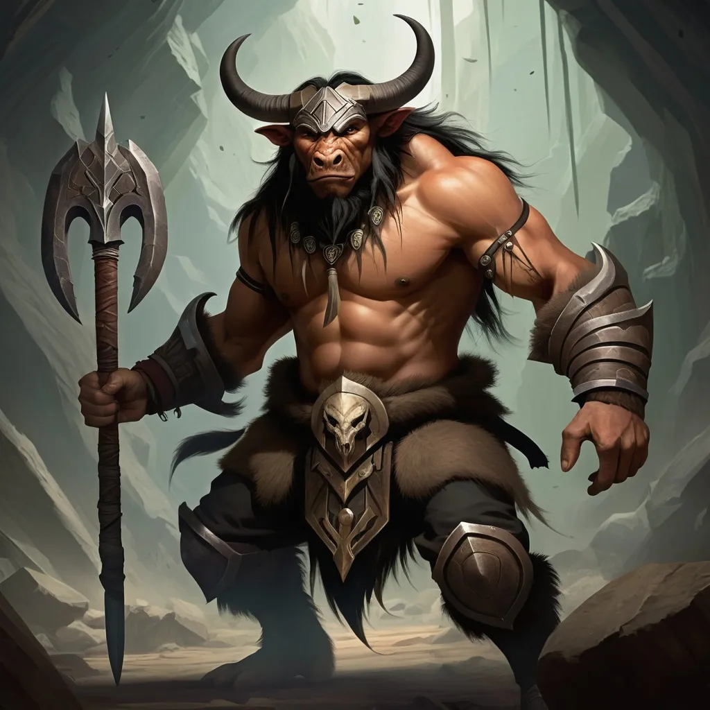 Prompt: Born into the secluded Thunderhoof clan deep within the bowels of the earth, Thal was raised in the shadow of the Great Labyrinth. His youth was spent mastering the art of combat alongside his kin, learning the ancient secrets of the Minotaur warrior tradition. His natural prowess and unquenchable thirst for knowledge set him apart from his peers, and he quickly rose through the ranks to become a respected member of the clan's elite guard. However, a fateful encounter with a mysterious sorcerer during a raid on the surface world changed the course of his destiny. Impressed by Thal's valor and intelligence, the sorcerer revealed the existence of a forgotten pantheon of elemental gods, long thought to have abandoned the mortal realm. Intrigued, Thal embarked on a quest to find and serve these deities, hoping to harness their power to protect his people from the ever-encroaching dangers of the surface.

After years of searching and countless battles, Thal found himself face to face with the tempest god, Aeolus. The god recognized Thal's spirit and potential, and in an ancient ritual, imbued him with a fraction of his own power. The transformation was dramatic; Thal's eyes flashed with lightning, and his roars echoed like thunder. Now, as the Avatar of Aeolus, he wields the fury of storms in his battle against those who would harm the innocent or despoil the lands. His travels have taken him to the ends of the earth, and he has become a legend among his kind for his unmatched strength and cunning.