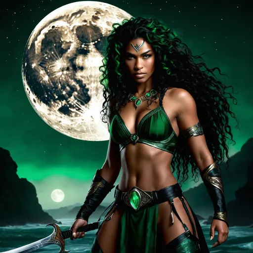 Prompt: Thara Stormfist stands tall at six and a half feet, a commanding presence that immediately captures the eye. Her lineage is clear in her broad shoulders, muscular build, and the emerald green tint of her skin, which shimmers with a faint iridescence under the light of the moon. Her hair is a wild cascade of dark, copper-tipped curls that frame her angular face, often pulled back into a tight braid that snakes down her back. Her eyes are deep-set and piercingly blue, a stark contrast to the rest of her features, hinting at the elven blood that flows through her veins. A proud, slightly-flattened nose sits above a full set of sharp teeth, and her jawline is strong and determined. Thara's most notable feature is her left hand, which is not of flesh and bone, but rather a masterfully crafted piece of storm-infused metal, a testament to her prowess as a blacksmith and her bond with the volatile elements. Her attire is a mix of practical leather armor, adorned with intricate metal plates that mimic the form of lightning strikes, and a long cloak of midnight blue, which billows dramatically in the wind. The cloak is clasped with an amulet, a twisted loop of gold and sapphires, representing the union of her orc and elven heritages. Her boots are heavy and worn, a sign of the many miles she has traveled across the rugged lands.