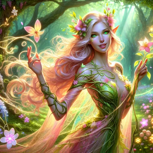 Prompt: Ethereal Female Eladrin of Spring
"A radiant female Eladrin, embodying the spirit of spring, stands in a lush, enchanted meadow filled with vibrant blossoms and glowing magical flora. Her delicate, angular features exude elegance, and her skin has a soft, golden hue that seems to catch the sunlight filtering through the canopy of ancient trees. Her hair flows like liquid sunlight, adorned with tiny blooming flowers and trailing softly in the gentle breeze. Her vivid emerald-green eyes sparkle with joy and a touch of playful mischief, radiating the essence of life and renewal.

She wears a flowing gown crafted from translucent petals and leaves, shimmering in hues of pink, lavender, and soft gold. Intricate vines wrap around her arms, forming delicate patterns that pulse faintly with magical energy. In her hand, she carries a staff of living wood, its tip blooming with a cluster of glowing flowers that radiate a soft, golden light.

The meadow around her is alive with enchantment: butterflies with shimmering, translucent wings flit through the air, glowing dragonflies dance over a crystal-clear brook, and the soft hum of magic vibrates in the atmosphere. Above, the sky is a tapestry of soft blues and whites, with hints of golden sunlight streaming through the clouds. The scene exudes grace, vitality, and the timeless beauty of spring in the Feywild."