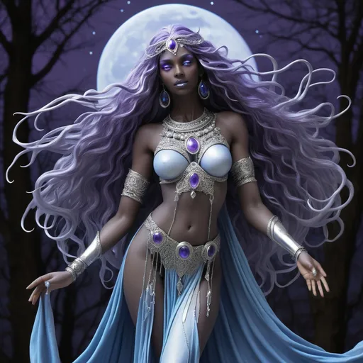 Prompt: Thara Moonshadow is a Magog, a rare and enigmatic species known for their ethereal beauty and otherworldly grace. Standing at a statuesque six feet tall, her skin is a shimmering silver that seems to dance with the light, often reflecting the soft blues and purples of the moonlit nights she so dearly loves. Her long, flowing hair cascades like a waterfall of obsidian, each strand adorned with delicate beads of silver that jingle softly as she moves. Her eyes are twin pools of liquid amber, surrounded by thick, dark lashes that seem almost too heavy for her delicate features. Her nose is straight and slender, her lips full and naturally tinted a soft pink. Her ears are pointed, elongated and adorned with intricate earrings that mirror the shape of the crescent moon. Her body is lithe and athletic, a testament to her centuries of honing her skills as a warrior and a dancer. Her fingers are long and nimble, perfect for plucking the strings of her magical lute, and her feet, bare and unblemished, leave no trace as she glides across the ground. She is often seen wearing a cloak of woven starlight that clings to her form,