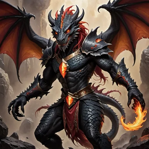 Prompt: Pyrius Flameblade, the charismatic and enigmatic kobold, stands at a modest height of 3 feet, 8 inches tall, with a lean, muscular frame that speaks of his agility and swiftness. His scales, a mesmerizing blend of fiery reds and glowing oranges, shimmer with an inner light as if each one holds a captured ember from the volcanic depths of his ancestral home. His eyes, piercing emerald orbs, seem to dance with the flames that often reflect in their depths. A pair of slender, leathery wings, scarred from countless battles and adventures, extends from his back, allowing him to glide through the air with surprising grace for one of his kind. His hands and feet are tipped with sharp, blackened claws, a testament to his adeptness in combat and his unshakeable grip on the world around him. Atop his head is a crown of horns, curled like the flames of a candle, and a proud mane of crimson hair that flows down his back. A thick beard of the same color adorns his chin, meticulously groomed and braided with beads of gold and obsidian that clink together as he speaks. His attire is a mix of intricately woven volcanic fibers and gleaming metal plates, each piece bearing the mark of ancient dragons whose scales it once protected. His most prominent feature is the sword he wields, a blade of pure volcanic glass, its serrated edge forever alight with a fiery aura that leaves trails of smoke in its wake.