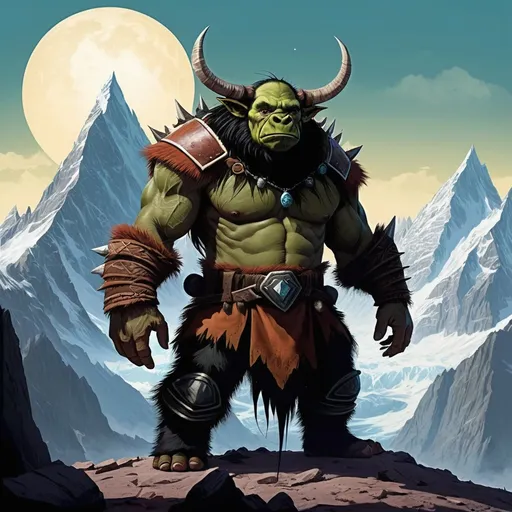 Prompt: Born in the shadow of the colossal peaks known as the Spine of the World, Thronk hails from the Cloudspine Tribe, one of the last bastions of pure Goliath culture. His early years were spent learning the ways of the mountain from his father, a renowned stonecaller, and his mother, an unyielding warrior. Thronk's natural aptitude for the art of the warhammer was evident from a young age, as he could often be found chipping away at the boulders that littered the base of their ancestral home, the echoes of his practice resonating through the valleys. His tribe revered the ancient stories of the Skyfall, a time when the Goliaths roamed the lands freely before the great sundering, and he grew up hearing tales of the gods who had once walked among them.

When he came of age, Thronk embarked on the Rite of the Skyseeker, a journey that every Goliath must undertake to find their place in the world. For fifty years, he wandered the lands, facing untold perils and learning the secrets of the earth and its inhabitants. His travels led him to the distant lands of the Sword Coast, where he encountered civilizations he had only heard of in legend. Here, he honed his skills in combat and diplomacy, his giant-sized heart opening to the struggles and triumphs of those beyond his tribe. The tales of his feats grew, and soon he was known not just as Thronk, son of Grunn and Grokka, but as Thronk Stonebreaker, the mountain that walks.