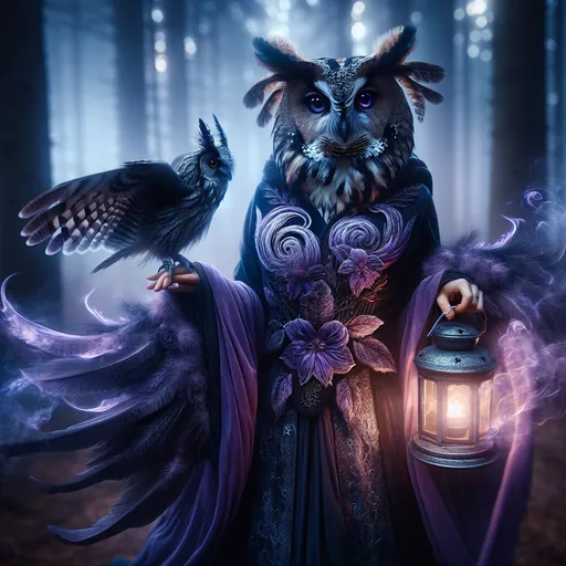 Prompt: The Twilight Harbinger
"A mysterious female Owlin glides silently through a mist-laden forest, her dusky plumage blending seamlessly with the deep purples and greys of twilight. Her sleek feathers shimmer faintly as if kissed by the fading light of dusk, and her sharp, amethyst-colored eyes pierce through the shadows. She is clad in a robe of woven twilight silk, adorned with silver thread that forms intricate patterns of swirling clouds and crescent moons. In her clawed hand, she carries a lantern of enchanted glass, glowing with a cold, ethereal blue light that casts long, shifting shadows across the forest floor. Perched atop her shoulder is a small, spectral raven, its form flickering between solid and translucent as if tethered to another realm. Around her, the air hums with an eerie stillness, and each step she takes seems to ripple through the fabric of reality, marking her as a harbinger of dreams—or perhaps omens."