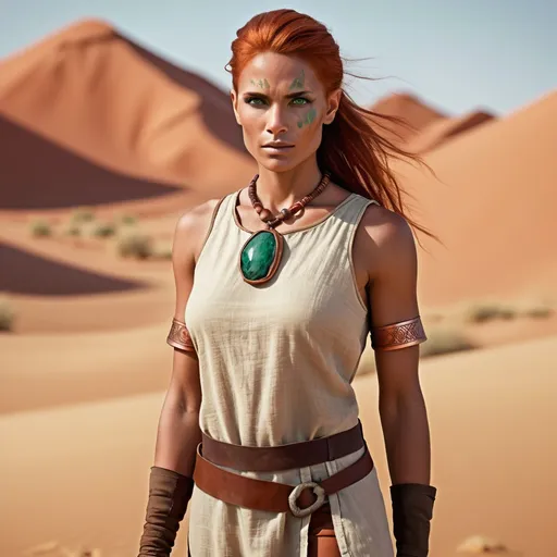 Prompt: Earth Genasi, female, 25 (physically), 104 (chronologically), terra-cotta skin, emerald eyes, copper-colored hair, athletic build, crystal-tipped fingers and toes, sand-colored linen tunic, umber trousers, stone necklace, strong jawline, prominent cheekbones, powerful limbs, leather band with agate, desert-themed attire, stonecrafter's daughter, warrior's apprentice, nomadic upbringing, ancient tome of spells, revered sorceress, gentle humility, boundless curiosity, fiery passion, protector, desert dweller, unyielding spirit.