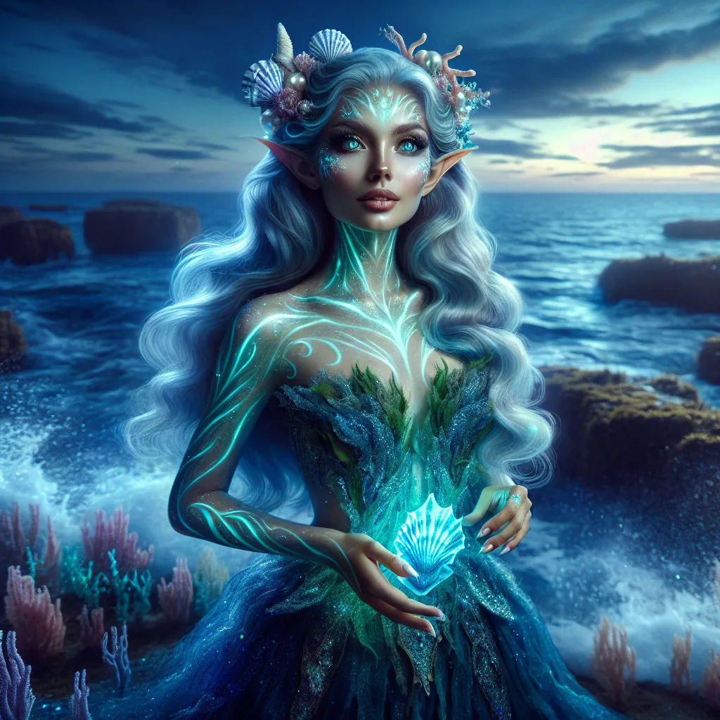 Prompt: Enchanting Female Siren-Elf Songstress
"A mesmerizing female Siren-Elf stands on a rocky shoreline under a twilight sky, her form glowing faintly with ethereal beauty. Her long, flowing hair cascades in waves of deep ocean blue and shimmering silver, blending seamlessly with the misty spray of the sea. Her luminous, sea-green skin is adorned with intricate patterns of glowing bioluminescent markings, resembling flowing water and seashells. Her almond-shaped, oceanic eyes gleam with an enchanting, otherworldly allure, and her slightly pointed ears hint at her elven heritage.

She wears a gown woven from strands of seaweed, pearls, and iridescent scales that glisten in the fading light. A crown of coral and starfish rests atop her head, completing her regal and mystical appearance. In her hands, she holds a crystalline harp that seems to be made from frozen waves, its strings emitting soft, hauntingly beautiful melodies.

Behind her, the ocean is alive with glowing jellyfish and dancing waves, while the horizon is painted in hues of lavender, gold, and indigo. The siren-elf’s song seems to ripple through the air, calling forth sea creatures and stirring the waters into a mesmerizing dance. The scene exudes both enchantment and mystery, capturing the magical allure of the siren-elf and her bond with the sea."