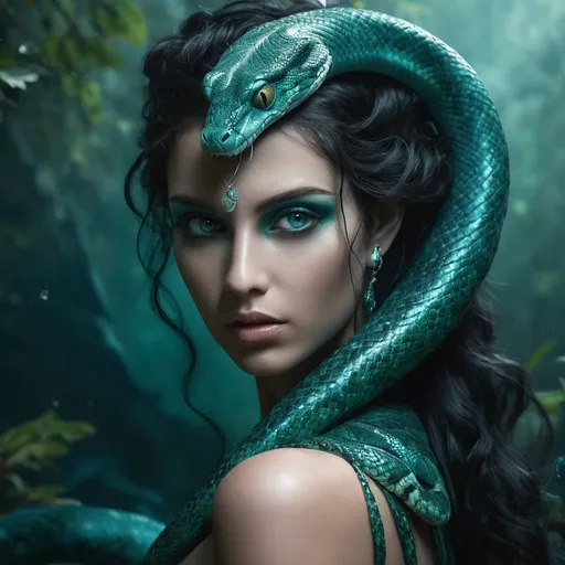 Prompt: Thalassia Eveershade is a 180 year old Lamia, she is captivating, her upper body a mesmerizing blend of human and snake. Her eyes, a deep turquoise, sparkle with the wisdom of the ancients. Long, dark cascades down her back, contrasting with her emerald scales that shimmer in the moonlight. Her lower half is a sleek, powerful serpent, scales transitioning to a velvety black. Her human torso is adorned with intricate, gold-inlaid tattoos that tell the story of her lineage and battles won. She at an elegant 6' tall, wielding a curved dagger with a sapphire pommel, hinting at her noble status within her clan.