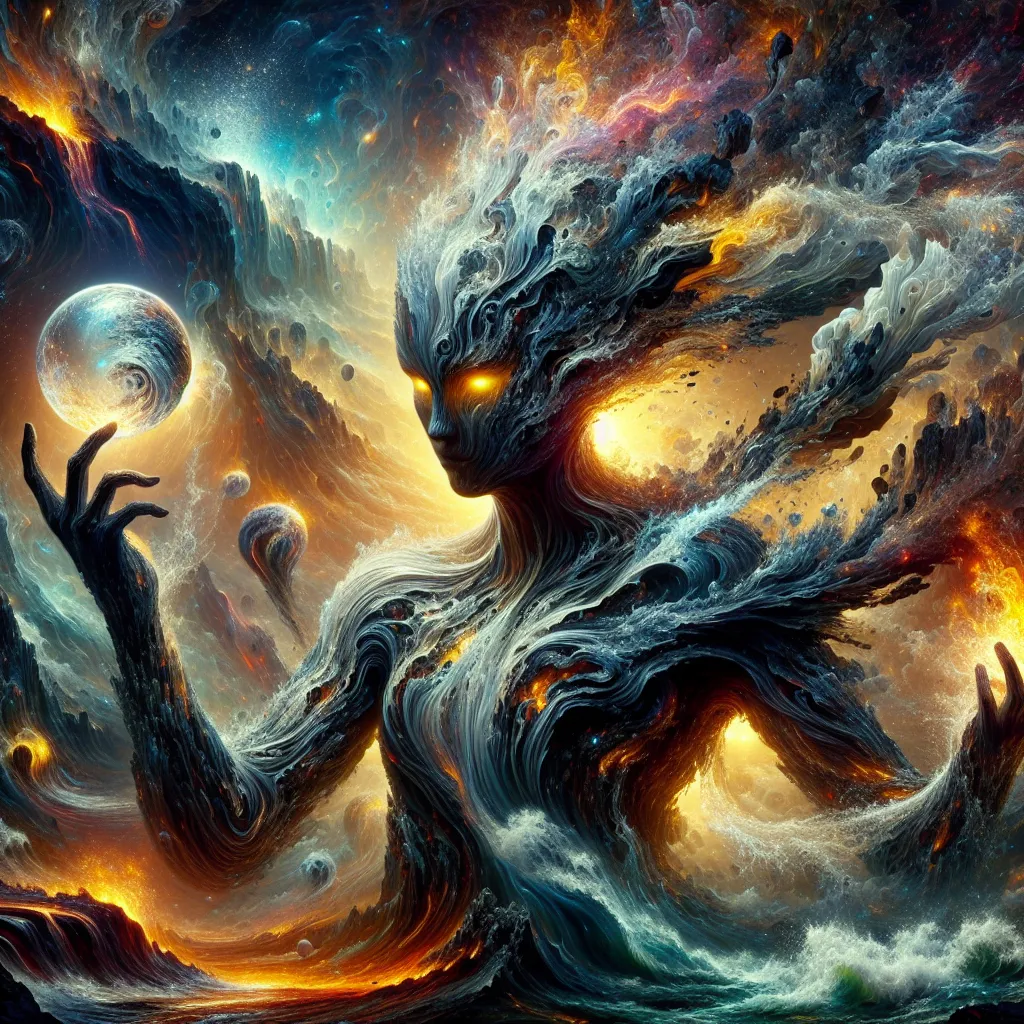 Prompt: "An enigmatic elemental figure stands at the center of a swirling maelstrom, their form a mesmerizing blend of flowing water, crackling fire, whirling air, and jagged earth. Their silhouette shifts and changes, never fully solid, with glowing golden eyes piercing through the chaos. As they raise one translucent arm, a radiant orb of pure elemental energy hovers above their hand, pulsating with power. Around them, the environment reflects their chaotic essence: molten lava flows into crashing waves, towering spires of rock rise and crumble, and swirling winds carry glowing embers and droplets of shimmering water. The scene is alive with energy, radiating both beauty and untamed power."