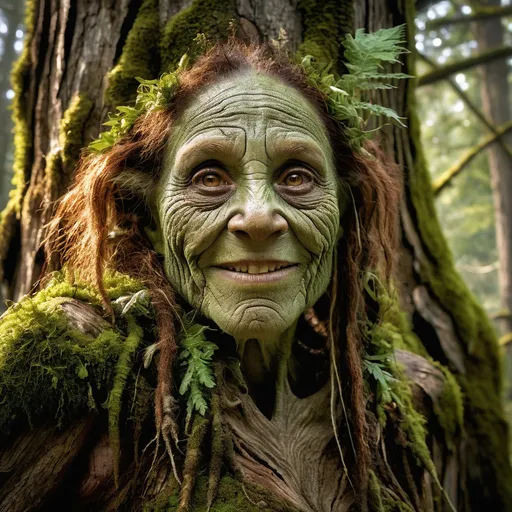 Prompt: Treant, female, towering, 50 feet, rich green-brown bark, ancient oak appearance, amber eyes, wise expression, knobbed nose, knowing smile, emerald moss hair, stern yet nurturing face, weathered bark skin, leafy visage, matriarchal presence, deep-rooted in forest essence, whispers of seasons etched, gentle giant, living history, spirit of nature, mediator, diplomatic, fiercely protective, stoic, gentle embrace, truth discerner, graceful movement, animated by the elements.