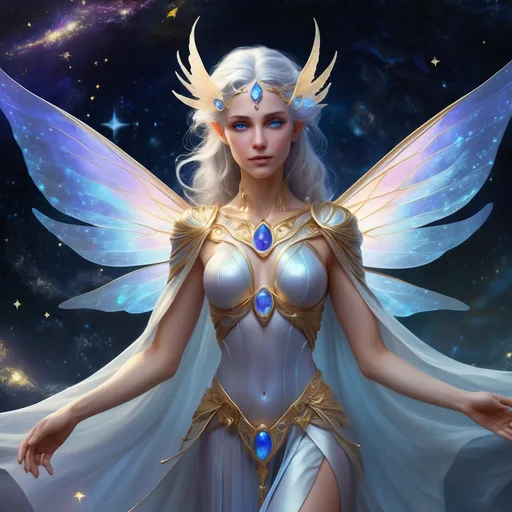 Prompt: Ageless, female, fairy, luminous moonlit skin, starlit sapphire eyes, silver-gold hair, diaphanous iridescent robes, opal moonstone wings, stardust trail, ethereal grace, mystical background, Lunara Scepter guardian, stoic yet empathetic, boundless curiosity, fierce warrior spirit, cosmic knowledge, contrasting personality, unshakeable courage, radiant presence.