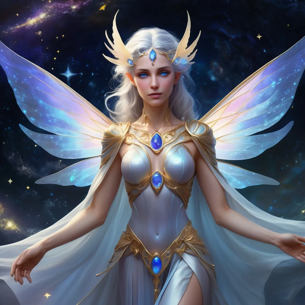 Prompt: Ageless, female, fairy, luminous moonlit skin, starlit sapphire eyes, silver-gold hair, diaphanous iridescent robes, opal moonstone wings, stardust trail, ethereal grace, mystical background, Lunara Scepter guardian, stoic yet empathetic, boundless curiosity, fierce warrior spirit, cosmic knowledge, contrasting personality, unshakeable courage, radiant presence.