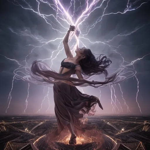 Prompt: Slowly, deliberately, she swirled the staff through the air, her movements a silent ballet of power and control. The lightning arced from its tip, weaving patterns of fire in the sky. The storm above responded, the thunderheads swirling into a spiral that mirrored her dance. The villagers watched from the safety of their homes, their fear replaced by awe.