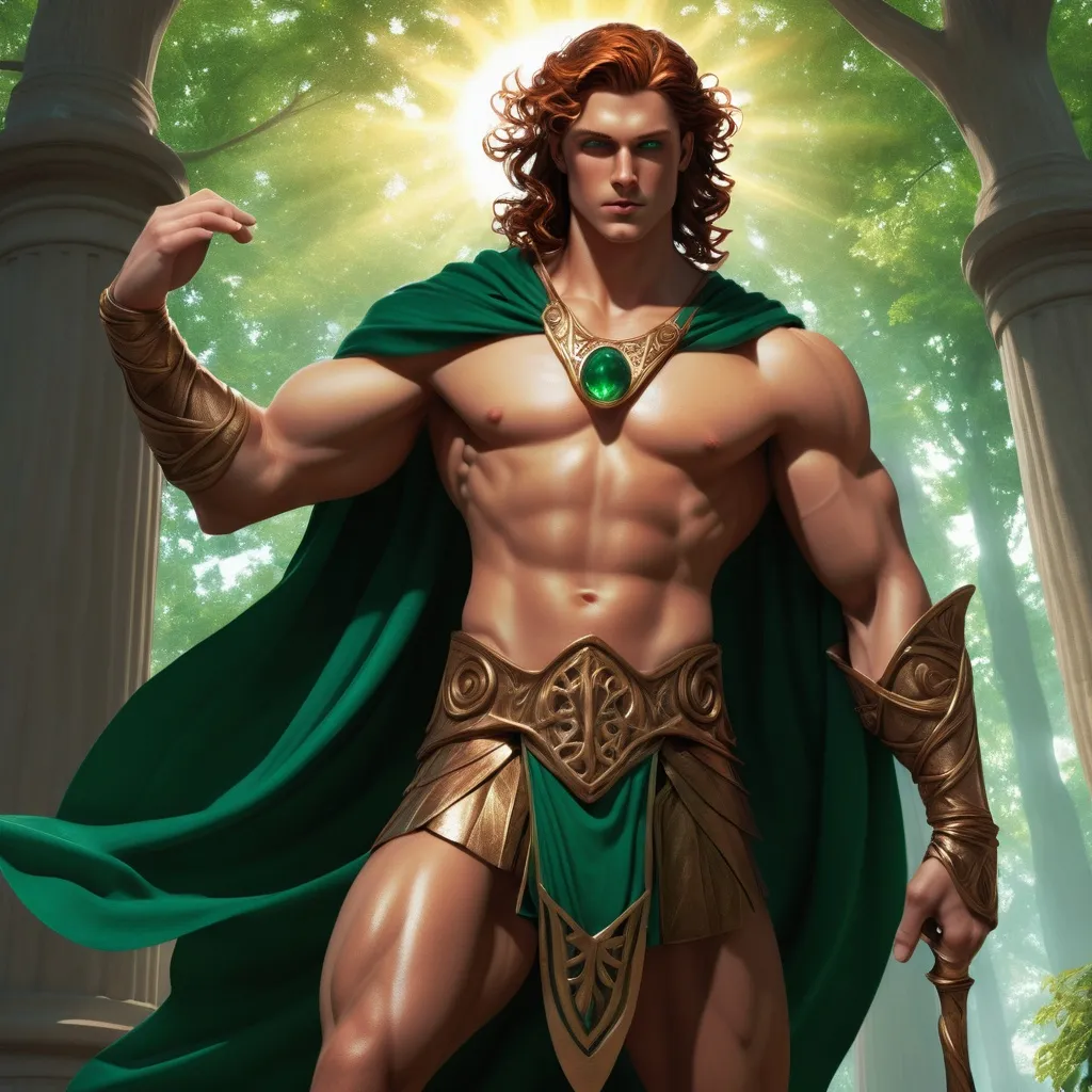 Prompt: Castor Rivenwood is a breathtakingly handsome demigod, standing at a statuesque six feet, five inches with a lean, athletic build that exudes both power and grace. His skin is a warm, sun-kissed bronze, a testament to his divine lineage. His eyes, a piercing shade of emerald green, seem to dance with mischief and ancient wisdom, fringed by thick, dark lashes that any mortal would envy. His hair is a cascade of raven waves that fall to his broad shoulders, often adorned with a wreath of leaves and flowers that never wilt. A well-trimmed beard accentuates his sharp jawline and full lips, which frequently curl into a knowing smile. Castor's nose is slightly crooked from a battle-earned break, lending him a roguish charm that belies his centuries of experience. His physique is a tapestry of scars and tattoos, each one a silent storyteller of his countless battles and adventures. He moves with the fluidity of a predator and the confidence of a king, often drawing the gaze of those around him. Despite his age, he radiates a youthful vitality that is impossible to ignore.