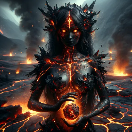 Prompt: The Obsidian Seer
"A mysterious female Gog stands in the heart of a volcanic caldera, her molten-black skin glistening with fiery veins of glowing orange magma that pulse in rhythm with her heartbeat. Her towering, muscular form is adorned with jagged obsidian shards that grow naturally from her shoulders and forearms, shimmering like glass in the volcanic light. Her eyes are orbs of molten gold, radiating an ancient, unreadable wisdom. She wears a flowing mantle of volcanic ash and fire-touched fabric that moves as though alive, trailing embers with every step. In her clawed hands, she cradles a glowing, molten orb of primordial fire, a source of immense power and prophecy. Around her, the ground cracks and smokes, and the air shimmers with heat as the very earth responds to her will."