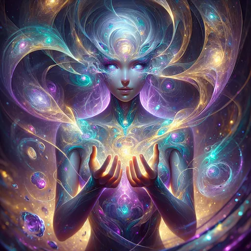 Prompt: "A radiant female Aetherborn, her translucent, opalescent body swirling with vibrant hues of violet, teal, and gold, stands at the center of a cosmic rift. Her form flickers with ephemeral light, constantly shifting as if made from living starlight. She manipulates threads of glowing aether with her elongated, delicate hands, weaving them into intricate patterns that ripple through the air like a celestial tapestry. Around her, fragments of shattered worlds float weightlessly, illuminated by a nebula that pulses with energy. Her eyes are twin galaxies, shimmering with wisdom and power, as she gazes into the infinite expanse."