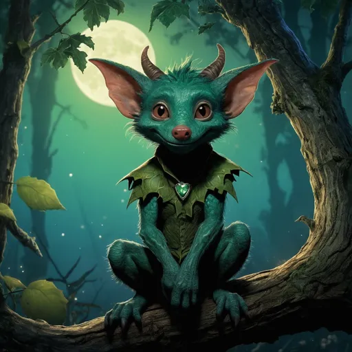 Prompt: In the heart of the twilight woods, where the trees whisper ancient secrets, dwells a male kobold named Grizzle. Standing no taller than a child’s knee, he possesses vibrant emerald skin, shimmering like dew-kissed leaves under the soft glow of the moon. His oversized ears, sharp and pointed, twitch at every sound, granting him an uncanny awareness of his surroundings. Grizzle's wide, mischievous eyes glisten with a spark of cleverness, hinting at the cunning nature that defines his kind. Dressed in a patchwork tunic made from scavenged fabrics and adorned with tiny trinkets—gleaming stones, discarded coins, and feathers—he navigates the forest with a blend of stealth and agility. A leather belt hangs around his waist, holding an array of curious tools and oddities collected from the forest floor, as well as a slingshot, his favored weapon. Despite his small stature, Grizzle carries an air of confidence, often engaging in playful banter with wandering travelers or leading them astray with his trickster ways. Yet, beneath his cheeky exterior lies a heart that beats with loyalty to his kobold clan. Grizzle is fiercely protective of his home, often using his wits to outsmart larger foes and defend the enchanted glade from intruders. With a knack for herbalism and a deep understanding of the magical properties of the flora around him, he crafts potions and charms, becoming a reluctant hero in the mystical realm he calls home. His adventures are filled with laughter, mischief, and unexpected wisdom, making Grizzle a beloved figure among those fortunate enough to cross paths with this enchanting male kobold.