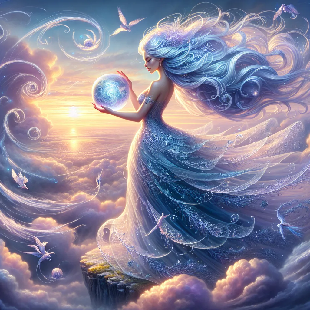 Prompt: The Zephyr Enchantress
"A graceful female sylph, her translucent, sky-blue skin shimmering like morning dew, dances on the edge of a floating cliff high above the clouds. Her long, silvery hair billows like mist, blending seamlessly with the swirling winds around her. She is clad in a gown of shimmering gossamer, embroidered with patterns of delicate, glowing stars. In her hands, she cradles an orb of swirling air and light, radiating a soft, golden glow. Whirling cyclones and flocks of ethereal birds circle her as she commands the winds with a serene but commanding presence. The setting sun paints the horizon with hues of gold, pink, and lavender, casting her floating world in a magical glow."