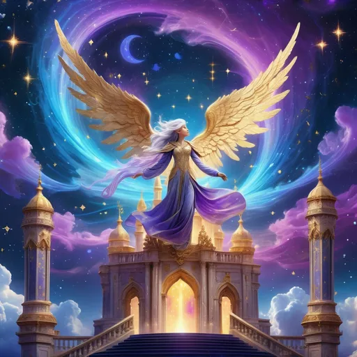 Prompt: Background: A celestial palace floating amidst swirling nebulae of vibrant blues, purples, and golds, with constellations glowing in the distance.
Action: A luminous angelic-figure with cascading silver hair and radiant golden wings descends from the palace, holding an org of pure starlight.
Render Style: Hyper-realistic with intricate textures, glowing effects, and a surreal palette.
Theme: Divine beauty and cosmic power.