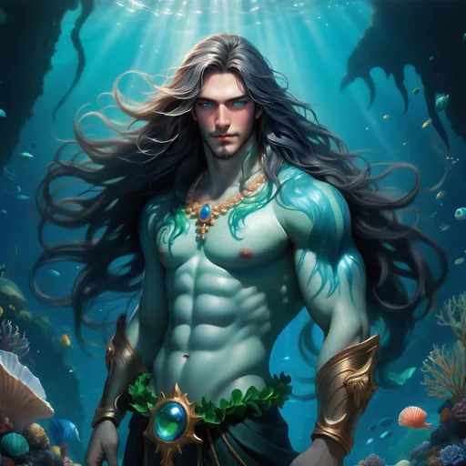 Prompt: Lysander Marin is a Triton of regal bearing, his eyes a piercing cerulean blue that mirror the vast oceans of his birthplace. His long hair, a mesmerizing blend of deep sea greens and blues, flows in the currents like kelp forests, often adorned with pearls and seashells that reflect the soft bioluminescence of his underwater kingdom. Standing at a towering height of six-and-a-half feet, his physique is sculpted from centuries of navigating the treacherous waters of the deep, his muscles rippling with the grace of a dolphin. His skin is a rich turquoise hue, shimmering with an iridescent sheen that can change from electric blue to emerald in the shifting light. A finned tail, a symbol of his royal lineage, replaces his lower body, granting him unparalleled speed and agility in the ocean's embrace. Above the waist, Lysander is humanoid, with broad shoulders and a chiseled torso, each feature seemingly carved by Poseidon himself. His hands are webbed, and his fingers tipped with sharp, translucent nails capable of slicing through water—or the flesh of his enemies. Two delicate gills flutter at his neck, allowing him to breathe the briny air of his realm with ease.