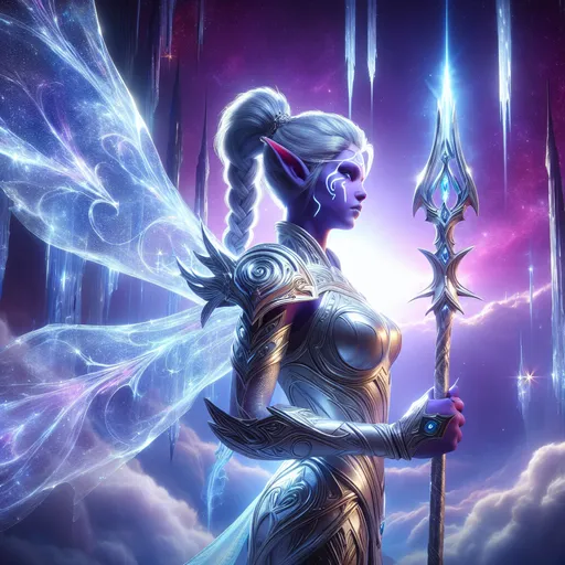 Prompt: "A resolute female Elaraan warrior stands poised on the edge of a glowing, crystalline cliff suspended high above a nebula-streaked sky. Her shimmering violet skin glows faintly under the ethereal light of twin moons, and her luminescent silver hair is braided with star-like jewels. She dons intricate armor forged from celestial metals, engraved with glyphs that pulse with soft azure light. In her hands, she wields a spear of pure energy, its tip crackling with cosmic power. Behind her, translucent wings of light unfurl, casting radiant beams across the floating isles that make up her celestial homeland, guarded by orbiting shards of crystal infused with her will."