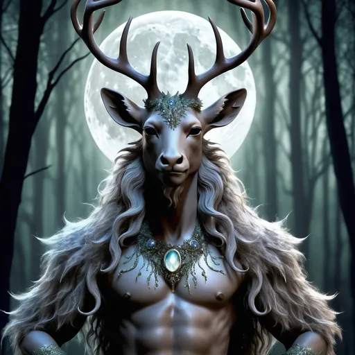 Prompt: Castor Lunaire is an enigmatic faun whose antlered visage is a blend of the majesty of the forest and the wisdom of the moonlit night. His fur is a deep, velvety sage that shimmers with a hint of silver in the light, reminiscent of the moon's soft glow. His eyes are pools of liquid night, reflecting the stars and secrets of the cosmos, surrounded by a ring of emerald that speaks to the vibrant foliage of his ancestral woods. His antlers, a spectacular crown of nature, curve gracefully in a crescent shape, adorned with intricate carvings that tell the story of his long and storied life. They are gilded with a fine layer of luminous moss, casting a gentle green hue upon his features, and at their base, they hold a bouquet of twigs and leaves, a silent tribute to the eternal cycle of growth and decay. His legs, sturdy yet agile, end in cloven hooves that have trodden the mossy paths of the ancient forests for centuries. A pair of delicate wings, a rare trait among his kin, sprout from his back, their feathers a soft blend of moonlit blue and earthy brown, whispering of his ability to traverse both the canopy and the skies with ease. His face is sculpted with the grace of a statue, his cheekbones high and his jaw sharp, framing a pair of lips that often curve into a knowing smile. His horns, a symbol of his age and status, are long and elegant, twisting in an intricate dance of nature's beauty.