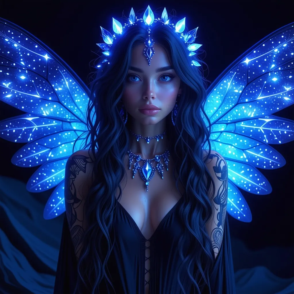 Prompt: Luminara Nightshade is a breathtakingly beautiful Elarae, with skin the color of a moonlit midnight and hair that cascades in silver-blue waves down to her slender waist. Her eyes, pools of captivating starlight, seem to pierce through the darkest nights. Her lithe figure is adorned with intricate tattoos that glow with an ethereal luminescence, hinting at ancient mystic symbols that dance across her body as she moves. Her attire is minimalistic yet elegant, consisting of a set of silk leaves interwoven with delicate moonstones that cling to her curves like a second skin, leaving her arms and legs mostly bare. On her feet are boots made from the finest shadowsilk, whisper-quiet and as dark as the night she calls home. A slender circlet of silver and sapphires rests upon her forehead, the jewels pulsing gently in time with the phases of the moon. Her pointed ears, tipped with the softest fur of night-black, frame her face and reach just past her shoulders, while her wings, a mesmerizing blend of indigo and black feathers, fold gracefully behind her back, almost invisible against the night sky.