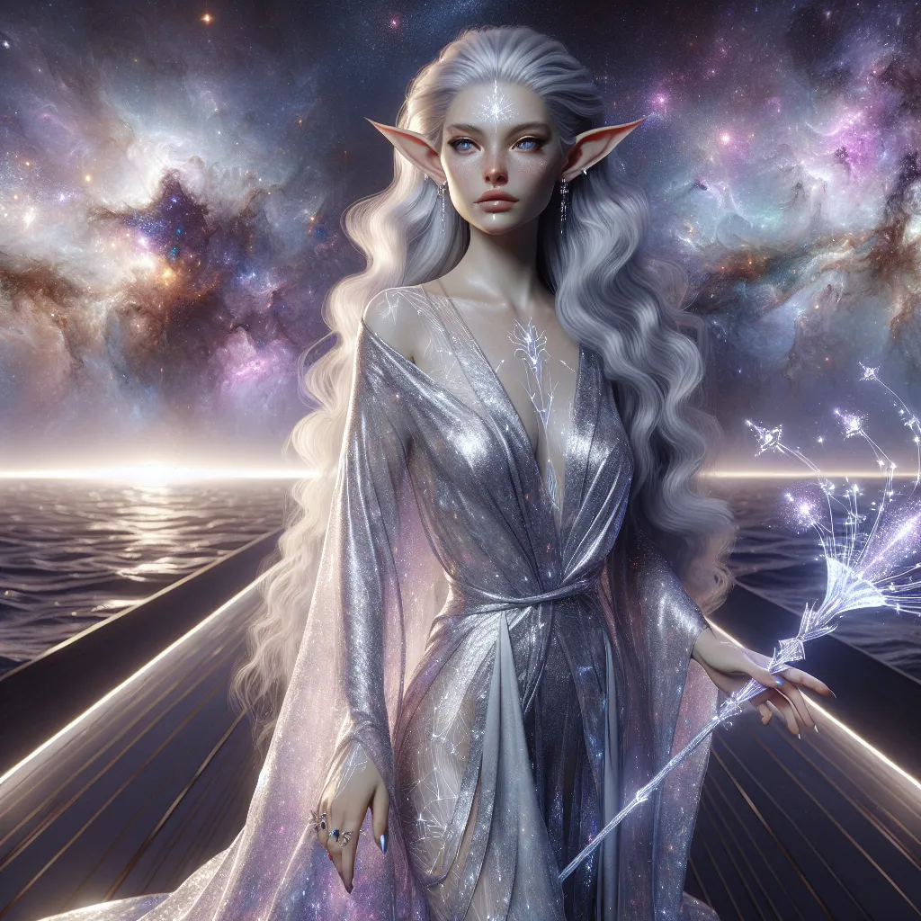 Prompt: The Starlight Voyager
"A radiant female astral elf stands poised on the deck of a shimmering, silver starship sailing through the endless void of the Astral Sea. Her alabaster skin glows faintly with celestial light, and her long, flowing hair sparkles like threads of pure starlight. She wears a sleek, flowing robe adorned with constellations that shift and glimmer as if alive. In her hands, she holds an elegant crystal staff, its tip swirling with miniature galaxies and glowing with arcane power. Behind her, the vast expanse of the cosmos stretches infinitely, with drifting islands of astral matter and glowing nebulae casting soft hues of violet, gold, and azure. Her eyes, like twin stars, gaze forward with a mix of wisdom and resolve."